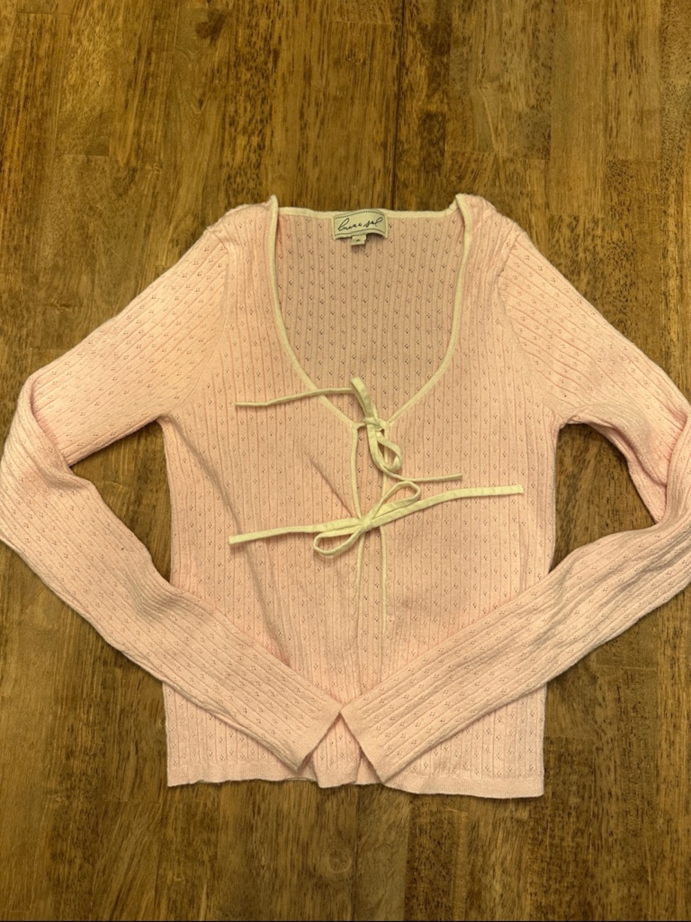 Pale Pink Tie-Front Eyelet Knit Cardigan